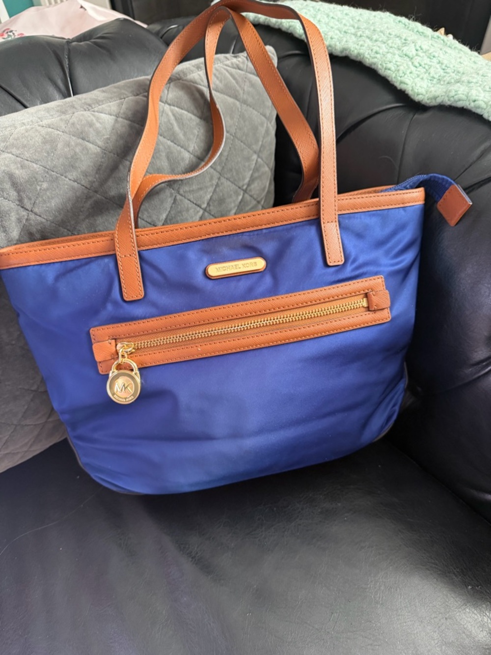 Michael Kors Royal Blue Tote with Brown Leather Trim and Gold Hardware